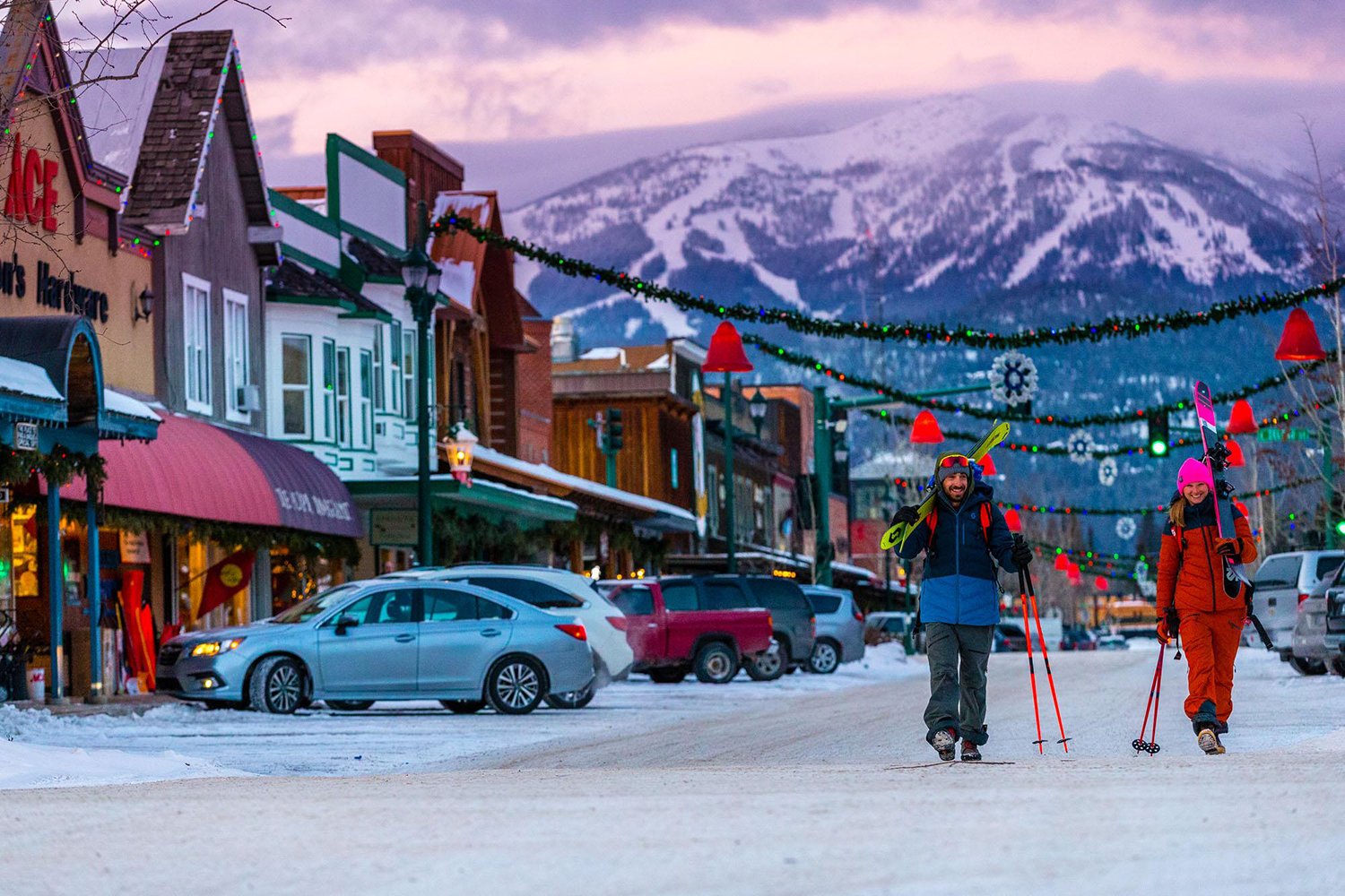 Skiers walking outside in Whitefish, MT